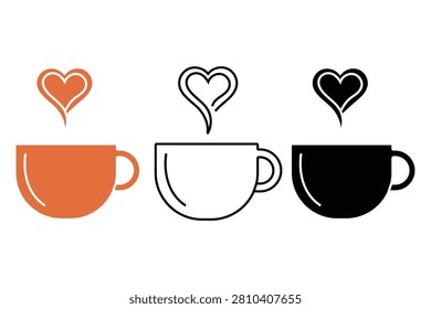 Three coffee cups with heartshaped steam isolated on transparent background