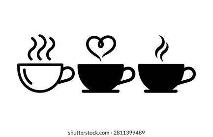 Three coffee cups icon with steam and heart symbol
