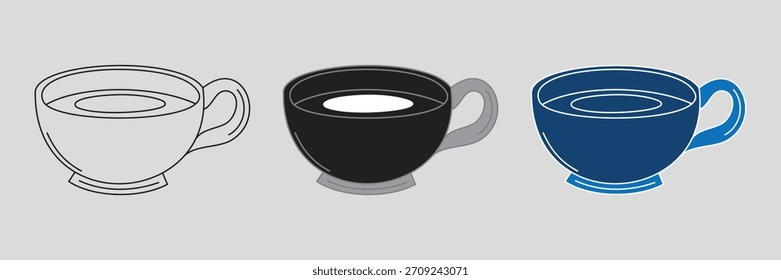 Três xícaras de café esboço preto e azul enchido canecas