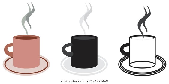 Three Coffee Cups with Rising Steam. Isolated On Transparent Background.