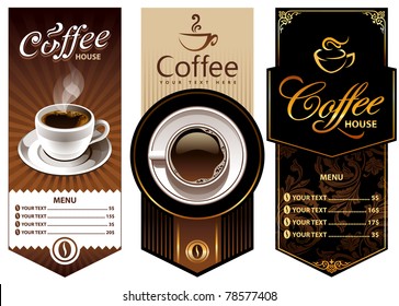 Three coffee design templates. Vector banners. All elements are grouped.