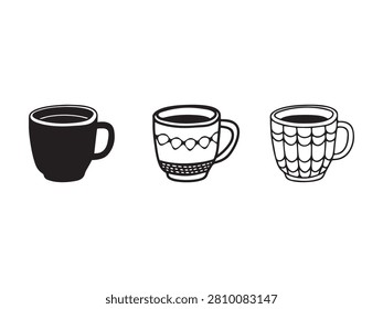 Three coffee mugs with different designs and patterns on white background