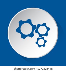 three cogwheel - simple blue icon on white button with shadow in front of blue square background