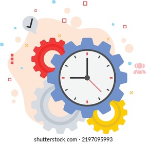 Drei cogwheels synchron zueinander Stockillustrationen, Daily Job Time Management Konzept, hrm Symbol, Zahnrad innerhalb der Uhr Vektorfarbsymbol-Design, Office Timings Sign, 