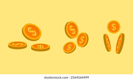 Three coins are shown in different positions, with one falling	