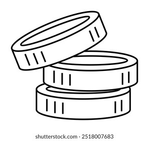 Three coins stacked, sketched using minimalistic black lines. Ideal for themes of wealth, savings, finance, investment, and minimalism. Simple drawing style.