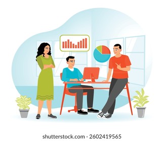 Three colleagues collaborating in an office setting with graphical charts. presentation concept. Flat vector illustration  