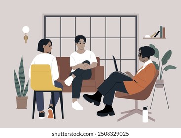 Three colleagues engage in a lively conversation in a well-decorated living room, enjoying the warmth of friendship and sharing their thoughts comfortably