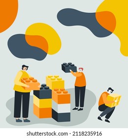 Three Colleagues Having Meeting Displaying Cube Representing Teamwork Discussing Future Project Ideas. Men Showing Innovative Thinking Building Partnership.