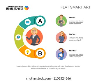 Three colleagues process chart template for presentation. Business data visualization. Leadership, idea, planning, teamwork or marketing creative concept for infographic, project layout.
