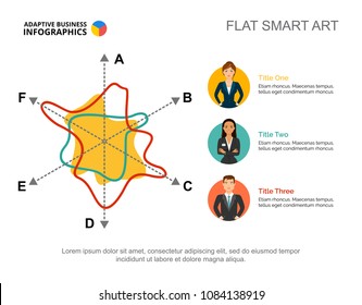 Three colleagues and radar chart template for presentation. Vector illustration. Diagram, graph, infochart. Research, economics, finance, business or marketing concept for infographic, report.