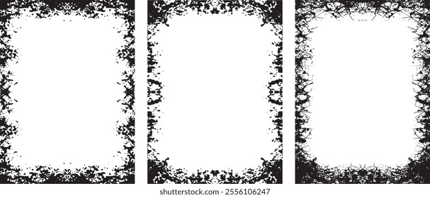 Three Collection of Edgy Grunge Frame Designs, Featuring Three Rectangular Frames with Intricate, Symmetrical Black Patterns and Abstract, Splattered Borders for Artistic and Unique Visual Displays