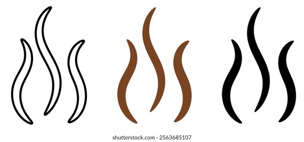 Three collection hot steam vector icon isolated on white background. Black, brown, outline hot steam icon vector