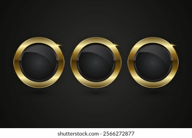 Three collection of Luxury Buttons Design, Three elegant circle buttons, structure with a deep black core and a polished gold border. The shine on the frame and the starburst accent convey.