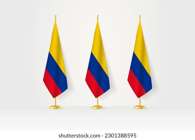 Three Colombia flags in a row on a golden stand, illustration of press conference and other meetings. Vector illustration.