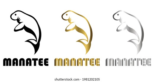 three color balck gold silver line art Vector illustration on a white background of a manatee Suitable for making logo