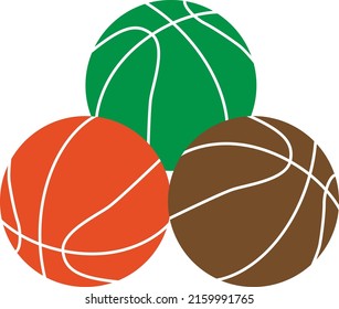 three color basket balls. orange and brown and green color. on white background