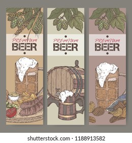 Three color beer labels with beer keg, mug, chips, hop branch, wheat and snack plate. Great for bar, restaurant, cards and menu, pub signs, culinary design.