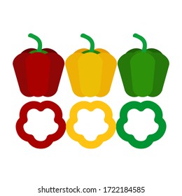 three color of bell pepper in red, yellow and green, whole and slice of bell pepper