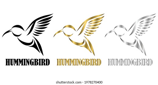 three color black gold silver line art Vector illustration on a white background of flying hummingbirds Suitable for making logo