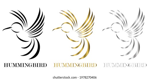 three color black gold silver line art Vector illustration on a white background of flying hummingbirds Suitable for making logos