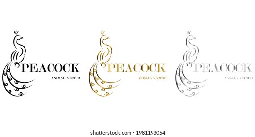 three color black gold silver line art Vector illustration on a white background of a peacock Suitable for making logo