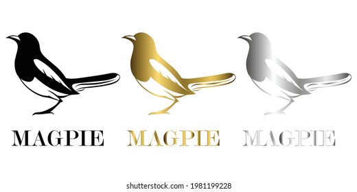 three color black gold silver Vector illustration on a white background of a magpie Suitable for making logo