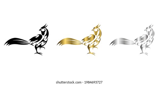 three color black gold silver Line art vector illustration of pheasant that is walking