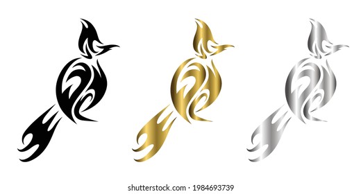 three color black gold silver Line art vector of Red whiskered bulbul bird	
