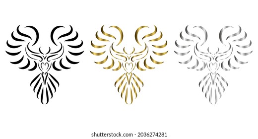 three color black gold silver line art of phoenix bird