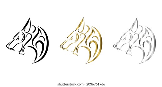 three color black gold silver line art of wolf head. Good use for symbol, mascot, icon, avatar, tattoo, T Shirt design, logo or any design