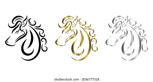 Three Color Black Gold And Silver Line Art Of Horse Head. Good Use For Symbol, Mascot, Icon, Avatar, Tattoo, T Shirt Design, Logo Or Any Design