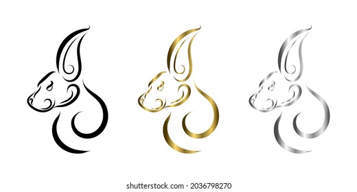 three color black gold and silver  line art of rabbit head. Good use for symbol, mascot, icon, avatar, tattoo, T Shirt design, logo or any design you want.