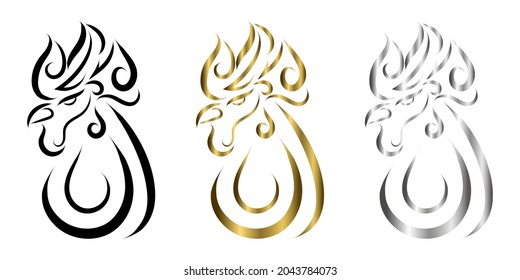 three color black gold and silver line art of rooster head. Good use for symbol, mascot, icon, avatar, tattoo, T Shirt design, logo or any design.