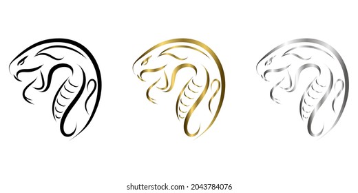 three color black gold and silver line art of snake head. Good use for symbol, mascot, icon, avatar, tattoo, T Shirt design, logo or any design.