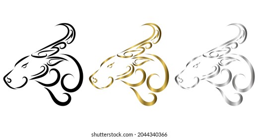 three color black gold and silver line art of buffalo head. Good use for symbol, mascot, icon, avatar, tattoo, T Shirt design, logo or any design.