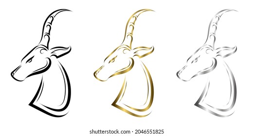 three color black gold and silver  line art of impala head. Good use for symbol, mascot, icon, avatar, tattoo, T Shirt design, logo or any design you want.