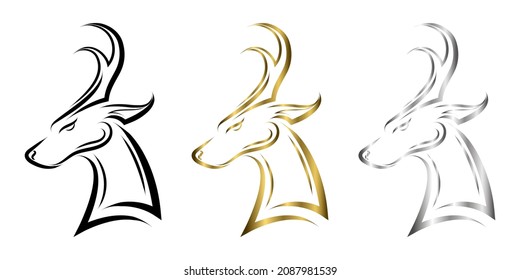 three color black gold and silver line art of barking deer head. Good use for symbol, mascot, icon, avatar, tattoo, T Shirt design, logo or any design.