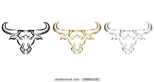 Three color black gold and silver Line Vector Illustration front view of Bull. It is signs of the taurus zodiac.