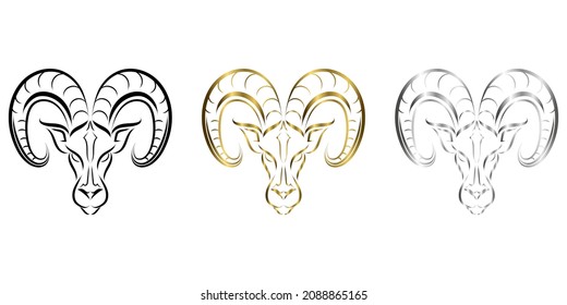 three color black gold and silver Line vector logo of ram head. It is sign of Aries zodiac.