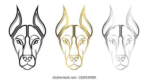 Three color black gold and silver line art of Doberman Pinscher dog head Good use for symbol, mascot icon avatar tattoo T Shirt design logo or any design you want