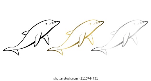 Ilustración vectorial de tres colores de oro negro y plata de la línea de un delfín