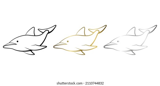 Three color black gold and silver Line art vector illustration of a dolphin