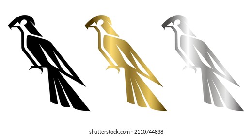 Three color black gold and silver line art Vector illustration on a white background of a falcon Suitable for making logo	