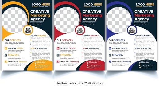 Three color business brochure flyer design layout template A4,White background, Template vector design for Magazine, Poster, Corporate Presentation, Portfolio, Yeallow,Red,Bluue and black Color flyer
