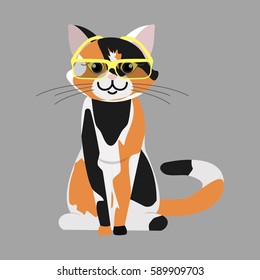 Three color cat. Smart cat wearing glasses. Cartoon character. Domestic animal. Flat vector stock illustration