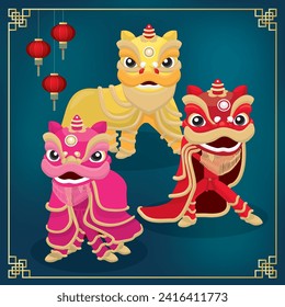 three color chinese lions dance in vector