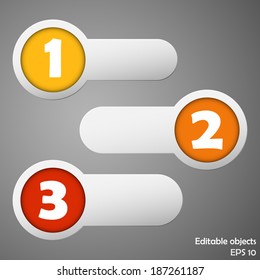 Three color circle and strip labels collection with numbers ready to edit. Vector illustration.