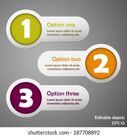 Three color circle and strip labels collection with text ready to edit. Vector illustration.