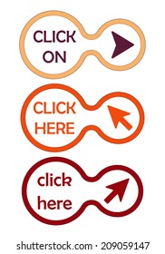 Three color circle and strip labels collection with arrows and text click here ready to edit. Vector illustration.